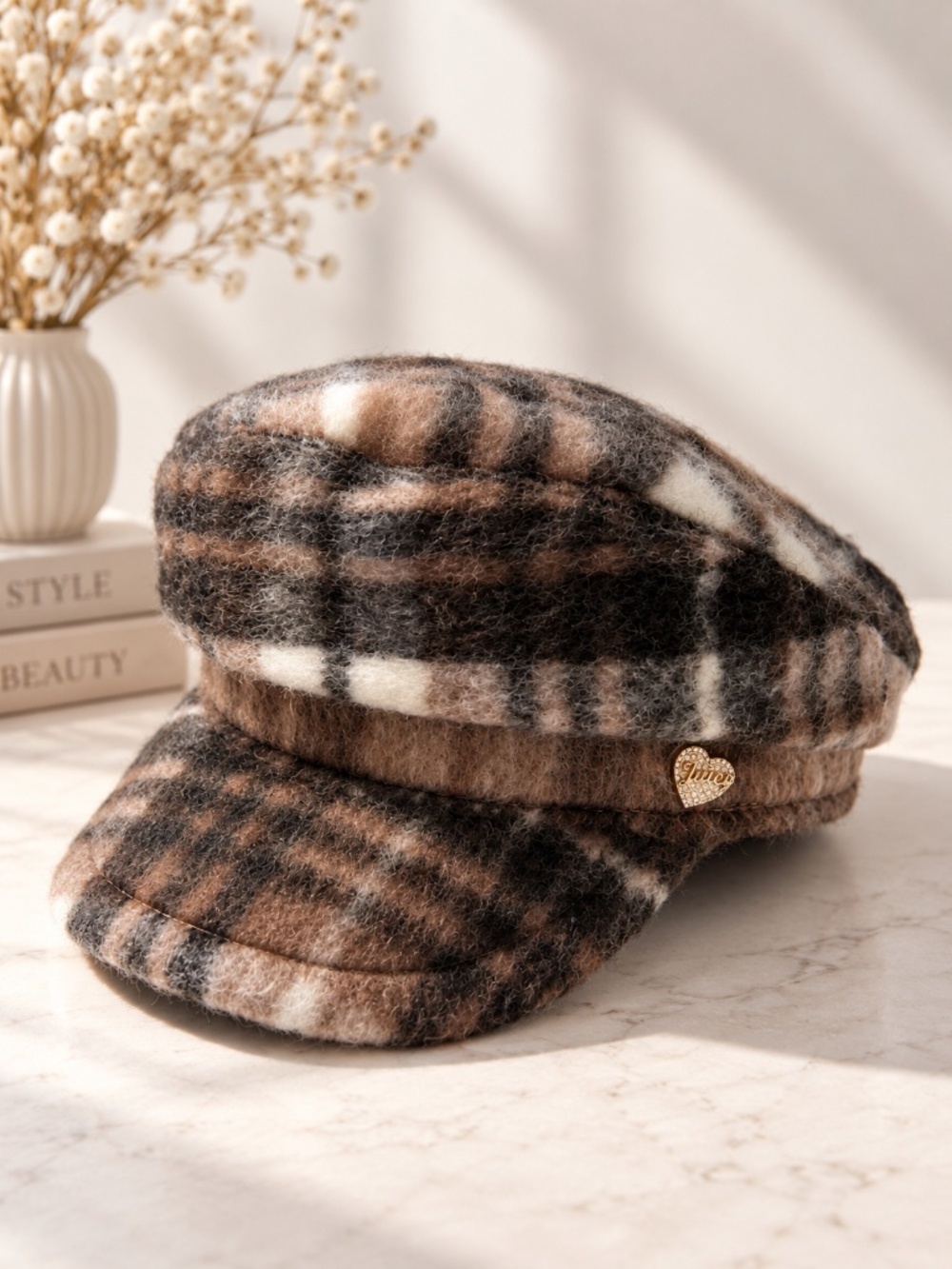 Juicy Couture Cabbie Hat Plaid Brown Black Fuzzy Rhinestone Heart One Size